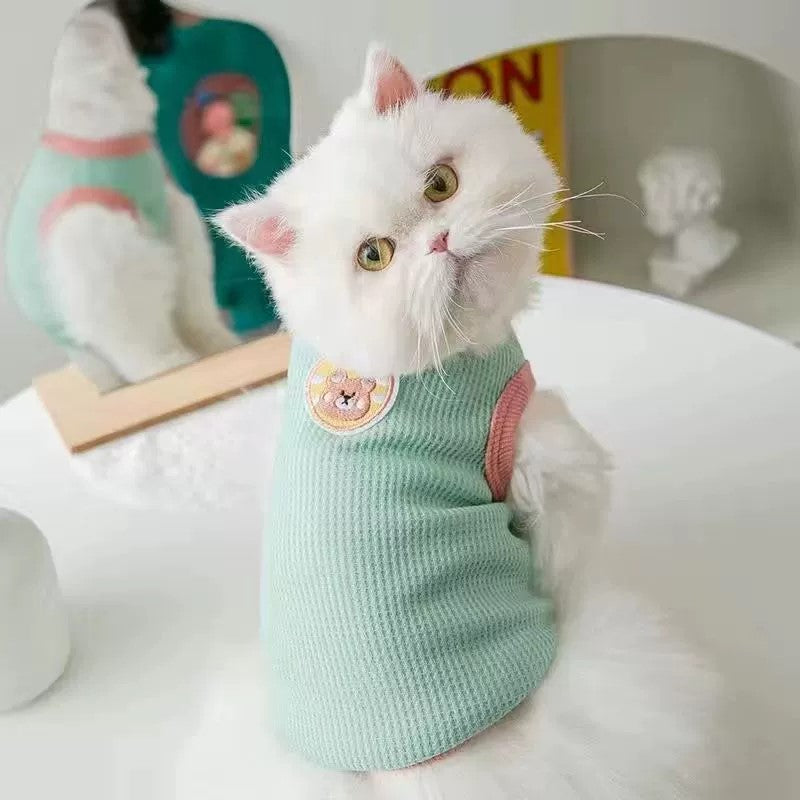 Charming Mint Green Knitted Cat Vest with Cute Patch