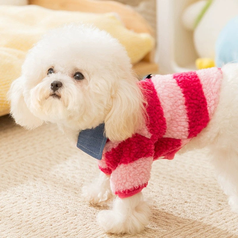 Adorable Pink & Red Striped Cozy Fleece Dog Sweater