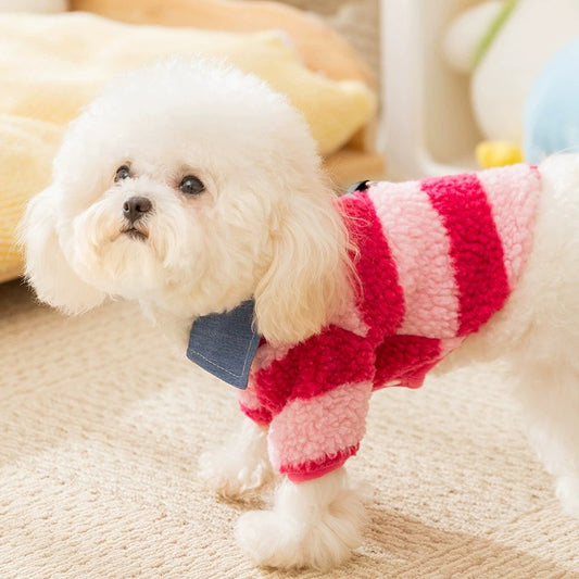 Adorable Pink & Red Striped Cozy Fleece Dog Sweater